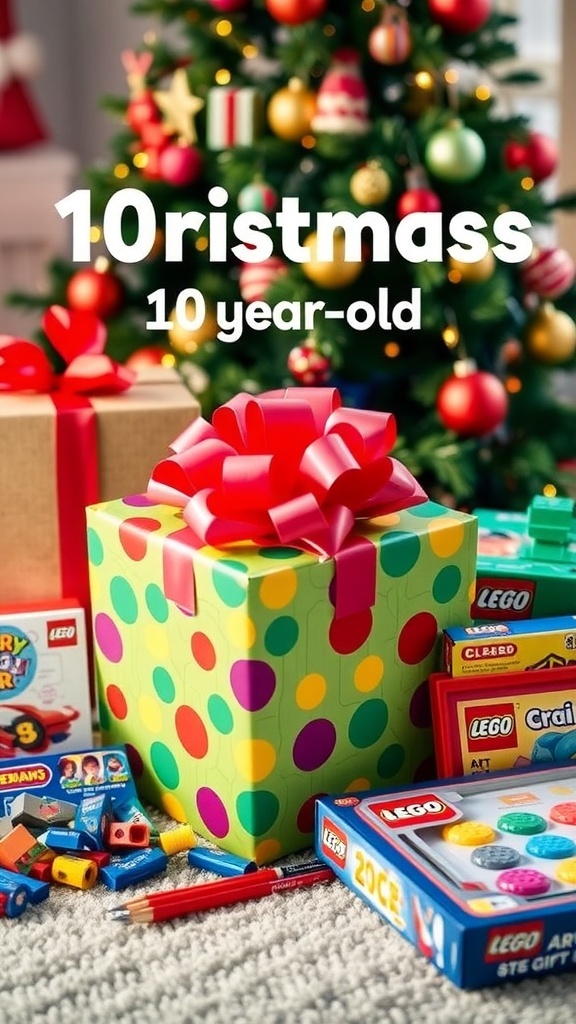 A festive arrangement of Christmas gifts for a 10-year-old, including toys, games, and art supplies, with a decorated tree in the background.
